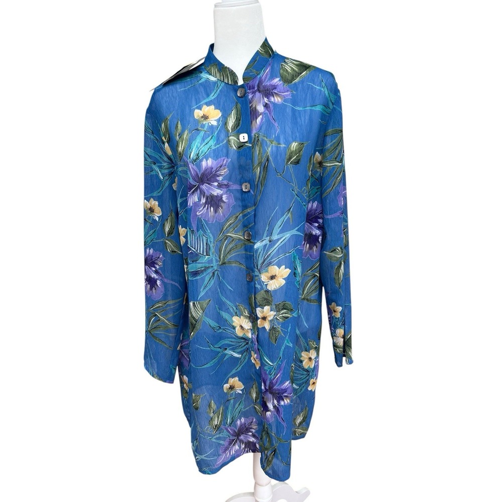 SUSAN GRAVER Blue Floral Button Shirt Womens L Tunic Tropical Vaca Office NWT!